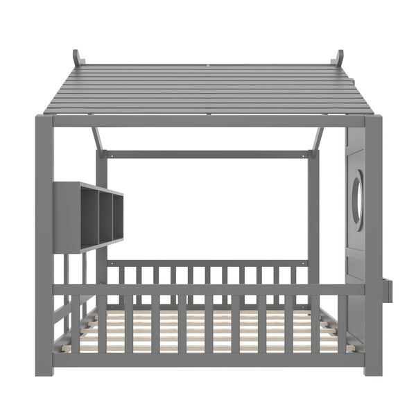 English Elm Full House Floor Bed with Roof Playhouse Design, Montessori Style with Rear Storage Shelf, Sturdy Pine Gray 78.5 L x 16.35 W x 8 H N733P335068E
