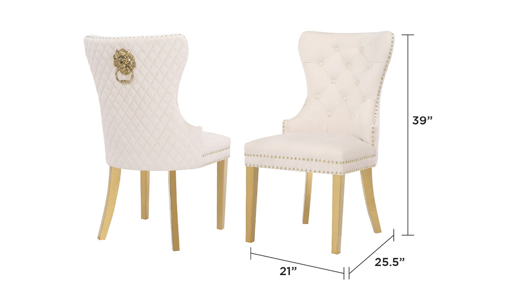 English Elm Simba Velvet Tufted Dining Chair Set – Gold Legs, Quilted Beige Upholstery, Lion Head Accent Ring (2) 659436057739