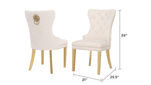 English Elm Simba Velvet Tufted Dining Chair Set – Gold Legs, Quilted Beige Upholstery, Lion Head Accent Ring (2) 659436057739