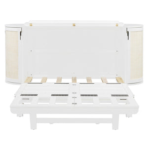 English Elm Full Murphy Bed with Woven Rattan Cabinet Front and Built-in Side Storage Units White LP000599AAK