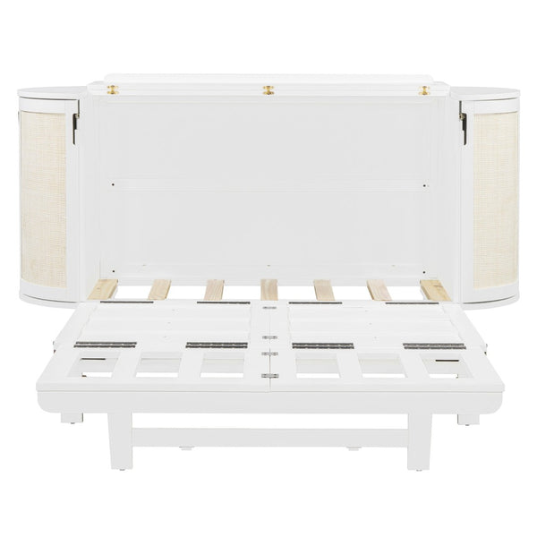 English Elm Full Murphy Bed with Woven Rattan Cabinet Front and Built-in Side Storage Units White LP000599AAK
