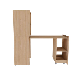 English Elm Stretchable expandable office desk with magnetic fold, lockable casters, adjustable shelves for storage and space-saving Natural Wood W509P355681