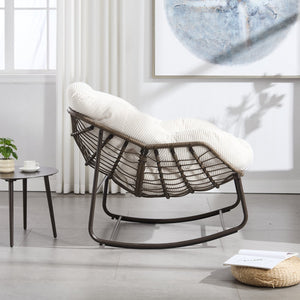 English Elm Outdoor Rattan Rocking Chair Oversized Hand-Woven Patio Egg Recliner with Plush Cushion Comfortably Rocking White W640P271521