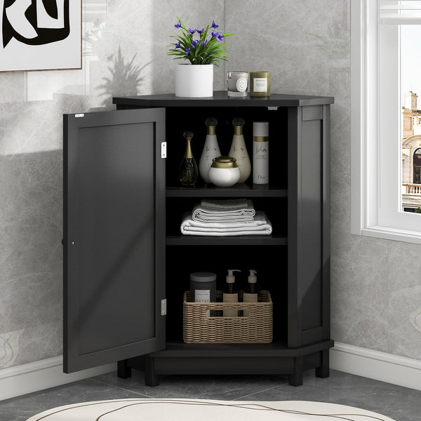 English Elm Black Triangle Corner Bathroom Cabinet with Adjustable Shelves, Modern MDF Storage Organizer, 70lb Capacity, Space-Saving Design N725P172615B