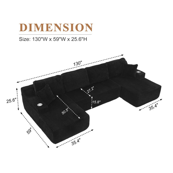 English Elm U-shaped Corduroy Cloud Sectional Sofa with Pocket Springs and Modular Living Room Seating Black W3366S00001