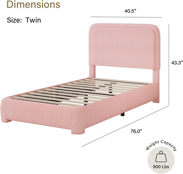 English Elm Twin Boucle Upholstered Platform Bed Frame with Headboard, Modern Rounded Corners, Plush Cozy Sleep Sanctuary Baby Pink W295P304409