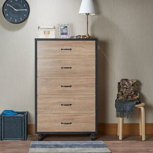 English Elm Bemis Weathered Light Oak Chest with 5 Storage Drawers, Industrial Caster Wheels & Contrast Trim B2726P283819