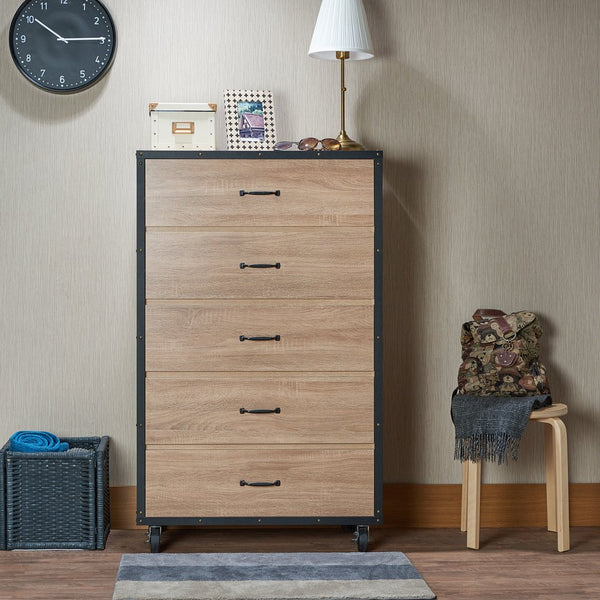English Elm Bemis Weathered Light Oak Chest with 5 Storage Drawers, Industrial Caster Wheels & Contrast Trim B2726P283819
