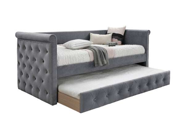 English Elm Contemporary Button Tufted Daybed Gray Burlap Upholstery Trundle Guest Sleeping B011S02046