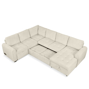 English Elm 107.5" U-shaped Sofa Sectional with Storage Chaise, Pull-Out Bed, USB Charging, Corduroy Comfort Beige N719S001570A