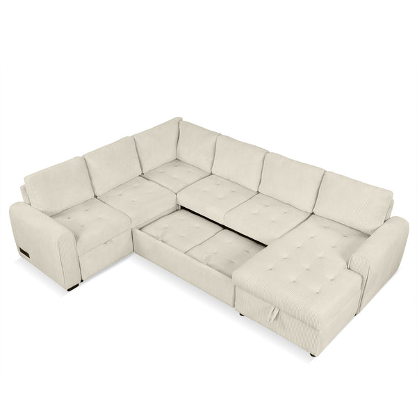 English Elm 107.5" U-shaped Sofa Sectional with Storage Chaise, Pull-Out Bed, USB Charging, Corduroy Comfort Beige N719S001570A