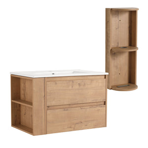 English Elm 30" Wall-Mounted Bathroom Vanity With Ceramic Sink, 2 Soft-Close Drawers & Space-Saving Rack W999S00343