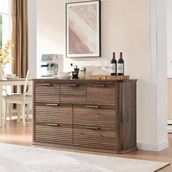 English Elm Fluted Wave Panel 7 Drawer Mdf Dresser Modern Bedroom Storage with Tv Stand Top Walnut T5326P425096