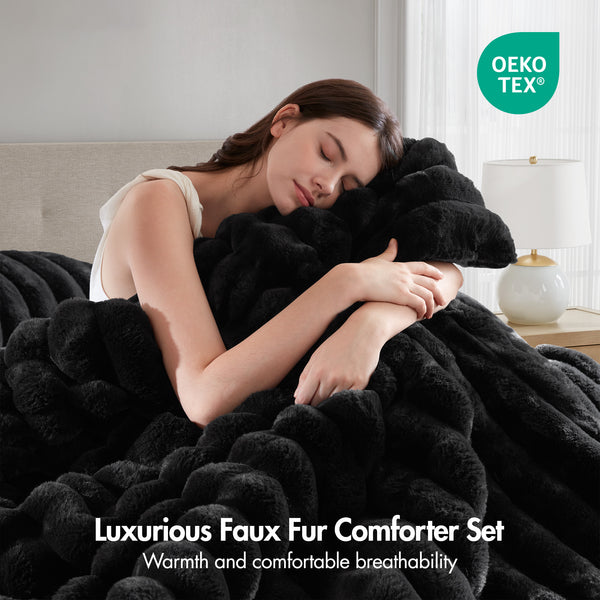 JLA Home Madison Park - Ultrasoft Faux Fur Ribbed Comforter Set reinvents your bedroom with plush velvet reverse, Oeko‑Tex safety and lasting loft Black MP10-8442