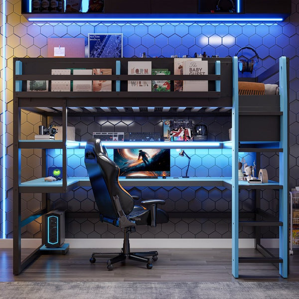 English Elm Twin Loft Bed with Rgb Lighting Usb Ports Wraparound Shelves and Gaming Desk Blue LT000298AAC