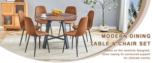 English Elm Table 7-Piece Modern Round Dining Set With 6 Ergonomic Brown Chairs & Black Metal Legs For Style W1151S03752-GIGA