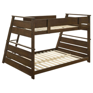 English Elm Reeder Walnut Finish Twin Over Full Bunk Bed Solid Wood Frame for Kids Shared Rooms B062S01557