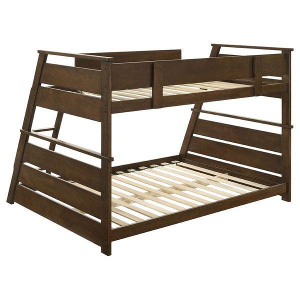 English Elm Reeder Walnut Finish Twin Over Full Bunk Bed Solid Wood Frame for Kids Shared Rooms B062S01557