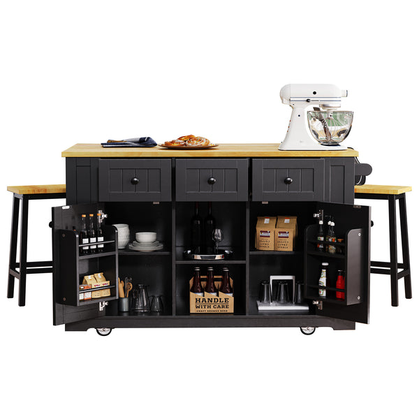 English Elm K&K 53" Large Kitchen Island with 2 Stools, Built-In Power Station, Wheels, Drop Leaf & Ample Storage Black N707S000007B
