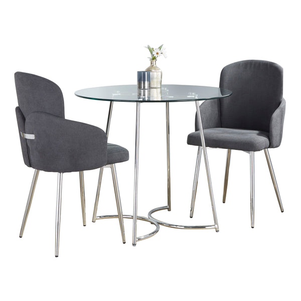 English Elm Cece-Dahlia Contemporary 3-Piece Dining Set with Chrome Frame, Clear Glass Tabletop & Grey Fabric Chairs B202S01412