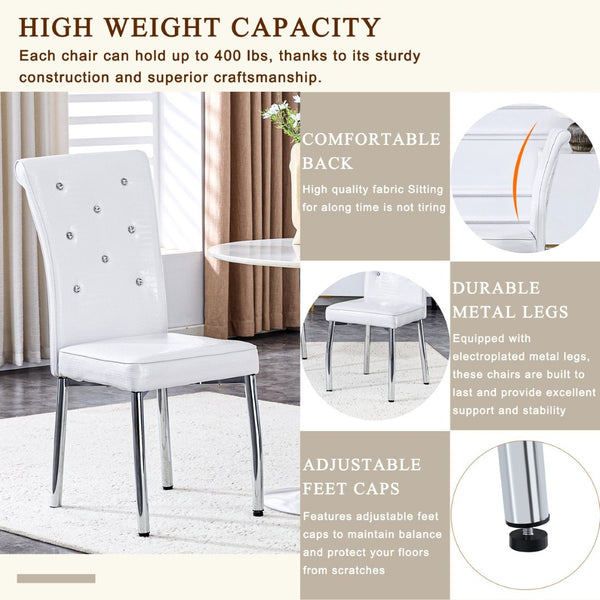 English Elm Set of 4 Glam Faux Leather Dining Chairs with Crystal Buckle and Gold Tone Legs White W3226P311054