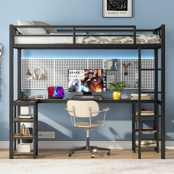 English Elm Twin Xl Metal Loft Bed With Integrated Desk And Storage, Stylish Space-Saving Solution In Black Finish W1580S00045-GIGA