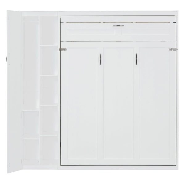 English Elm Full Size Murphy Bed with Open Shelving Wardrobe and Led Lighting for Studio Spaces White LP000898AAK-1