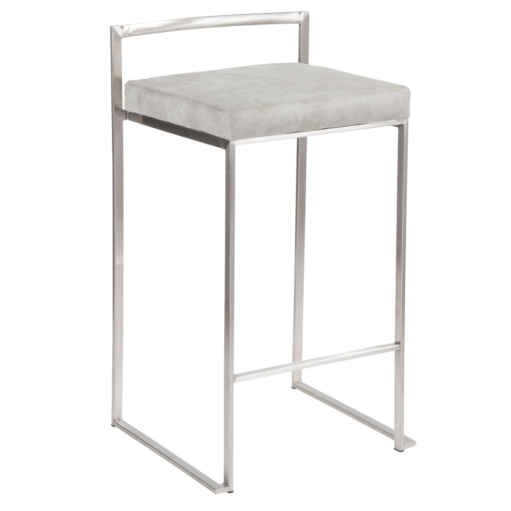 English Elm Fuji Stackable Counter Stool Set Of 3 - Modern Brushed Stainless Steel & Light Grey Cowboy Fabric B202P221939