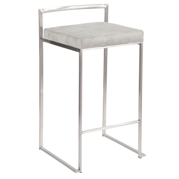 English Elm Fuji Stackable Counter Stool Set Of 3 - Modern Brushed Stainless Steel & Light Grey Cowboy Fabric B202P221939