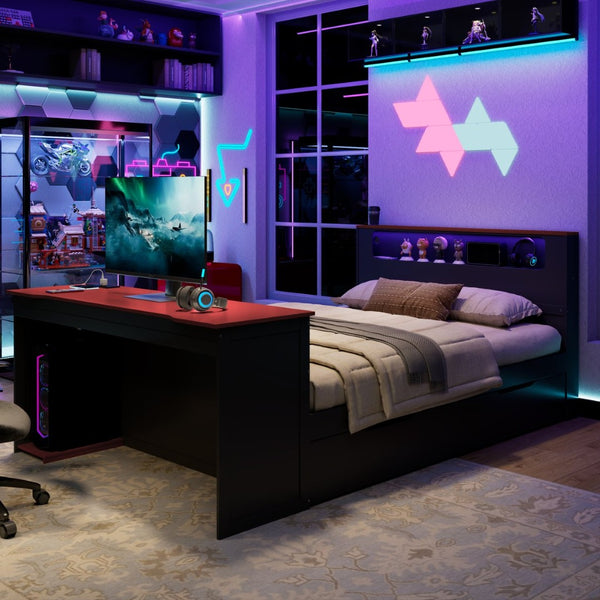 English Elm Full Size Wood Platform Daybed with Trundle Desk Rgb Led Lighting Gaming Bedroom Black+Red LT000284AAR