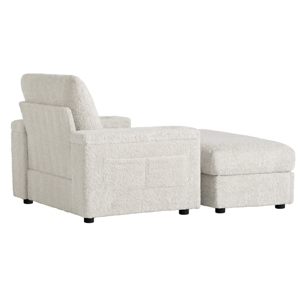 English Elm 42" Oversized Chaise Lounge with Plush Faux Rabbit Fur, Hidden Arm Storage, Cup Holder, Convertible Sleeper Beige N723P232726A