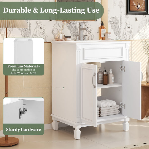 English Elm 24'' Bathroom Vanity with Sink - Solid Wood Frame, Glossy Ceramic Basin, Soft-Close Doors & Ample Storage Elegant Modern Design, Durable MDF Construction, Retro Metal Handles, Compact 24-inch Cabinet White N710P317675K