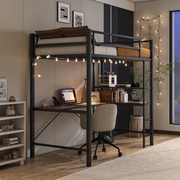 English Elm Twin Heavy Duty Loft Bed with L-Shape Desk, Shelves, USB Charging, LED Lights, Guard Rail, Brown W840P210910