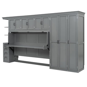 English Elm Twin Murphy Wall Bed with Integrated Desk Wardrobe and Storage Cabinet in White LP000767AAE