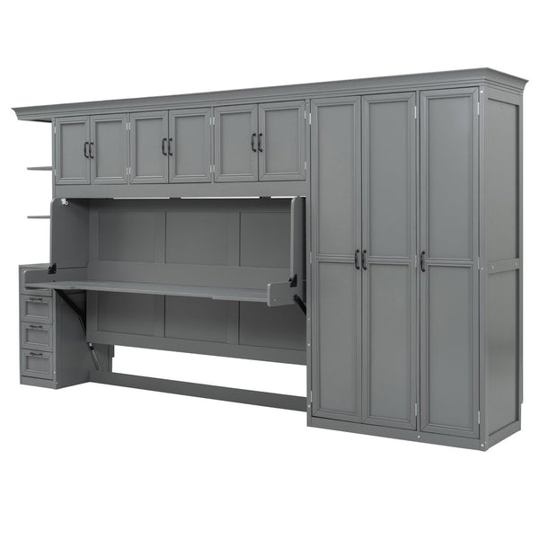 English Elm Twin Murphy Wall Bed with Integrated Desk Wardrobe and Storage Cabinet in White LP000767AAE