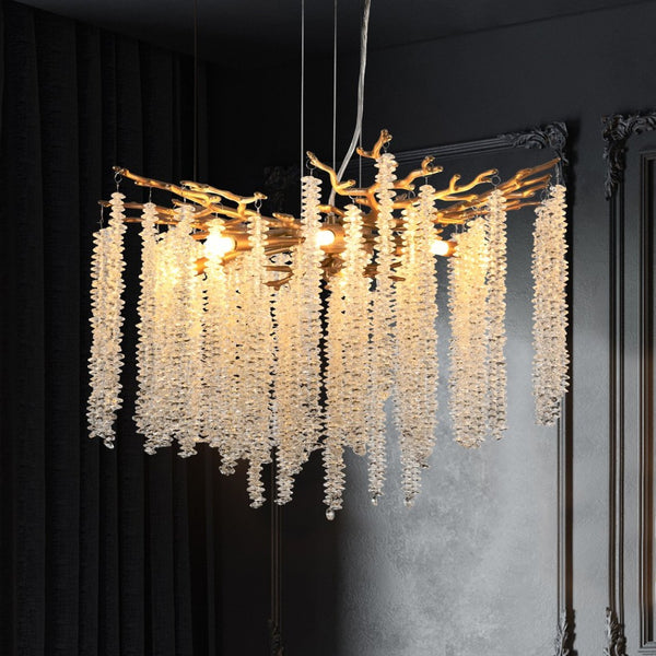 English Elm 24-inch Gold Iron Frame Chandelier with Crystal Strand Waterfall for Dining or Foyer W1340P232978