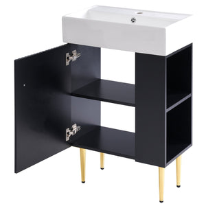 English Elm 21.6" Black Modern Bathroom Vanity with Ceramic Sink, Right Side Storage, Gold Legs & Soft-Close Doors SV000006AAB