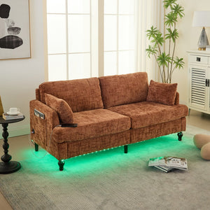 English Elm Modern chenille 2-seater sofa with LED lighting, USB charging, storage pocket, sturdy wood legs Orange W395P318543