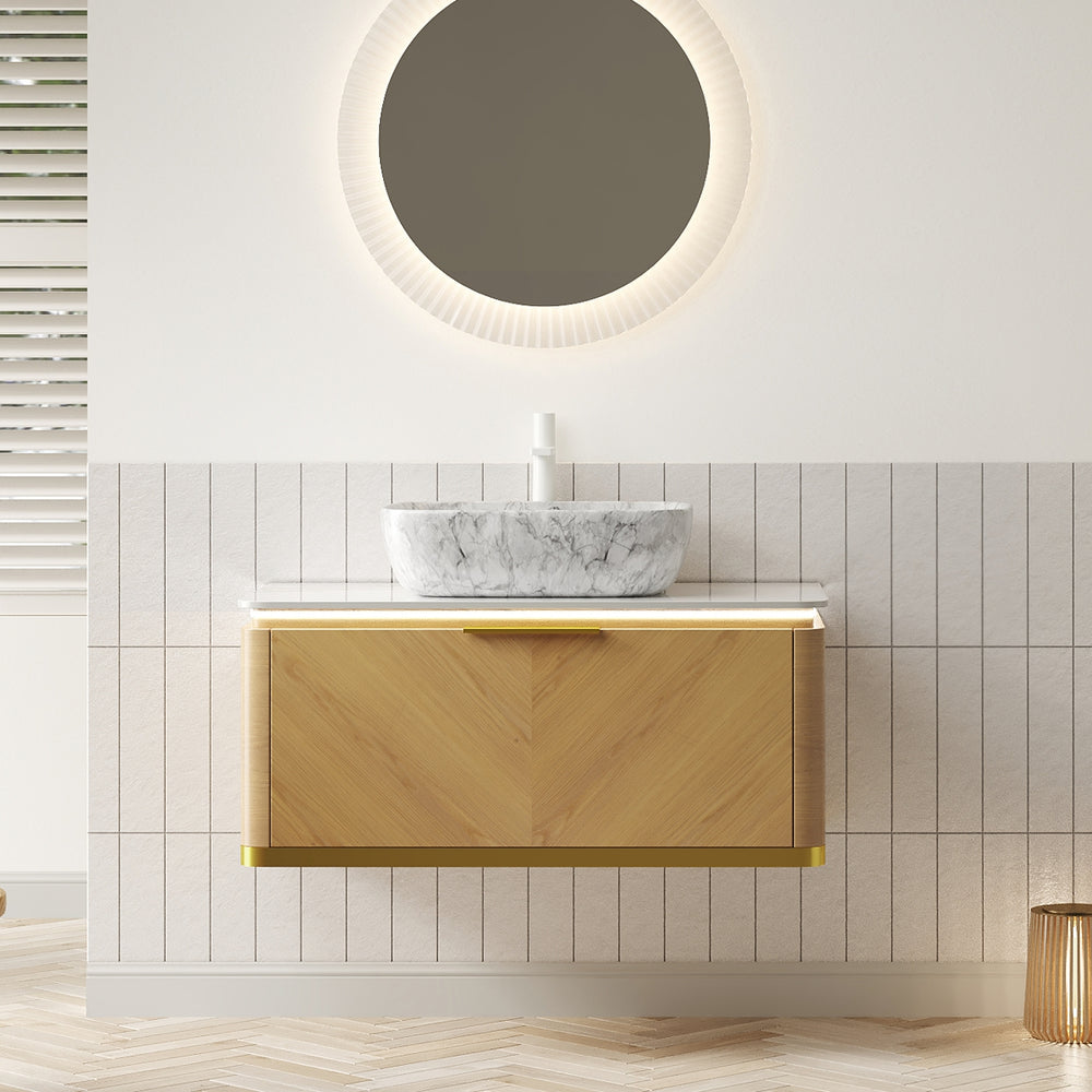 English Elm Dipa 36" Floating Bathroom Vanity With Vessel Sink, Marble Top, Sensor Light & Stylish Storage Solutions W2615S00303