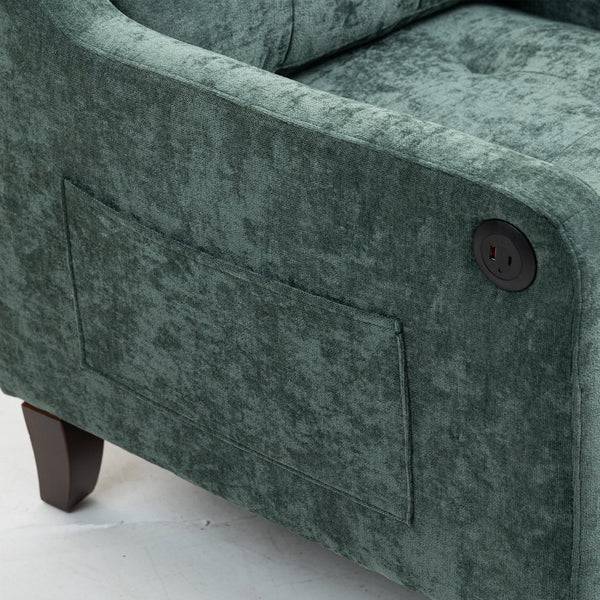 English Elm Accent Comfy chenille chair with USB charging, ergonomic wide back, high-rebound sponge, retro wooden legs Dark Green W2715P312490