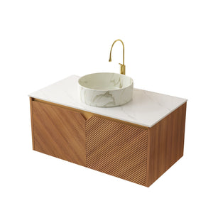 English Elm RUBEN 36" Wall-Mounted Brown Oak Vanity with Carrara Countertop, Soft-Close Doors, Modern Trim W2615P303717