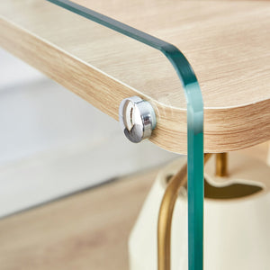 English Elm Three Triple-Layer Bedside Table with MDF Top & Tempered Glass Legs, Storage, Minimalist Warmth W1512P387008