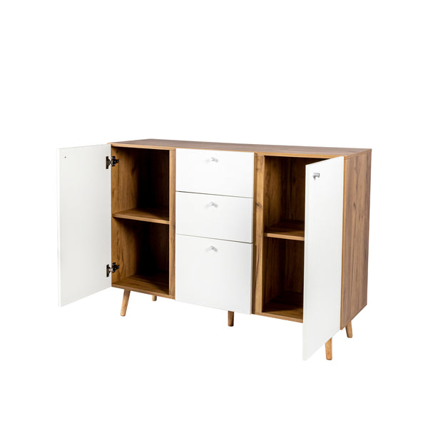 English Elm Sideboard Fluted Buffet Cabinet 47.2" with 3 Drawers & 2 Doors, Adjustable Shelves, Sleek Metal Handles W2282P220585