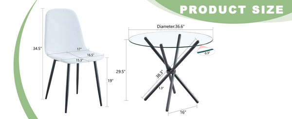 English Elm Table Set - Contemporary 36.6" Round Tempered Glass Dining Table With 4 White Linen Chairs For Modern Homes W1151S03670-GIGA