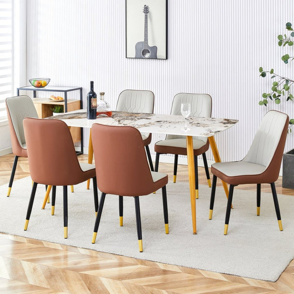 English Elm Table Set: Modern Minimalist Dining Table With Imitation Marble Top & 6 Pu Chairs For Stylish Comfort W1151S01679-GIGA