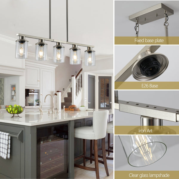 English Elm 37" Brushed Nickel 5-Light Chandelier - Adjustable Hardwired Island Pendant with Clear Glass Shades for Kitchen Dining Room Farmhouse Modern W2312P368678
