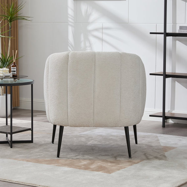 English Elm 29.9'' Modern Upholstered Chenille Vanity Barrel Accent Chair with Channel Tufting and Metal Legs, Cozy Foam Seat for Living Room, Bedroom, Office — Stylish Compact Lounge Seat Ivory W3118P328898