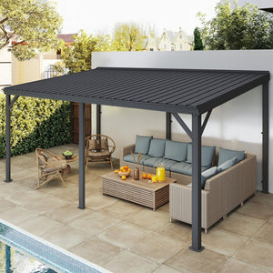 English Elm 10'x16' Wall Mounted Hardtop Gazebo Galvanized Steel Roof Patio Lean to Canopy Grey W1859S00221