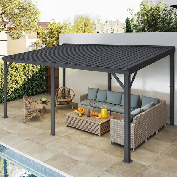 English Elm 10'x16' Wall Mounted Hardtop Gazebo Galvanized Steel Roof Patio Lean to Canopy Grey W1859S00221