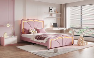 English Elm Twin Upholstered Platform Bed with Curved Headboard, Adjustable Heights, Sturdy Pine Frame, LED Accent Lights Pink WF323748AAH